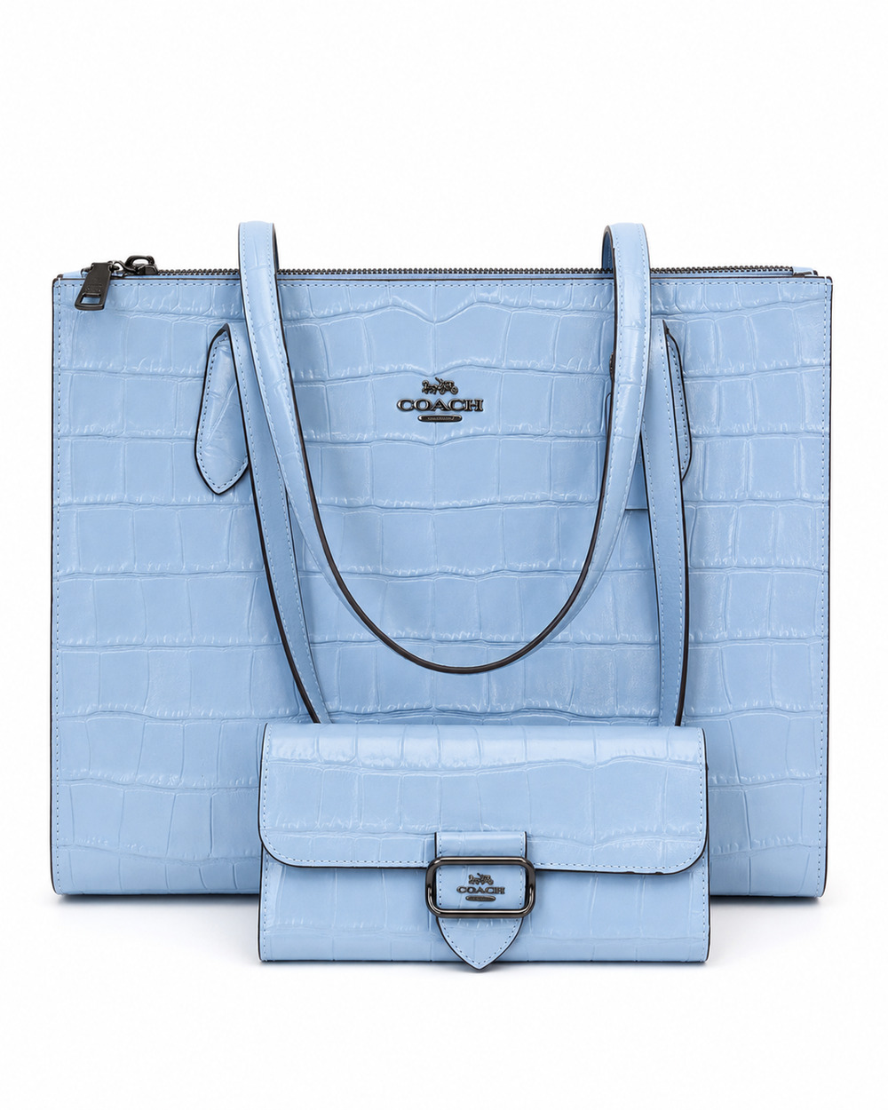 Coach Nina CL654 Blue Croc Embossed Leather Tote Wallet Set